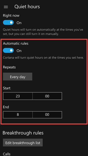 Windows 10 Mobile, Quiet hours, enable, configure, start, stop, notifications