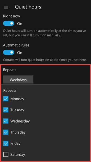 Windows 10 Mobile, Quiet hours, enable, configure, start, stop, notifications