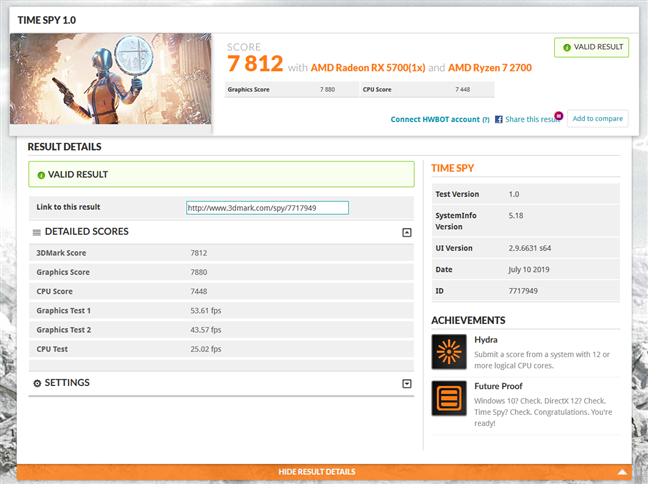 Benchmark result in 3DMark Time Spy