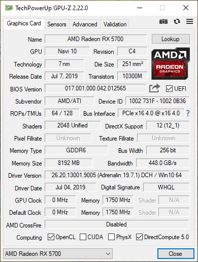 GPU-Z details about the AMD Radeon RX 5700