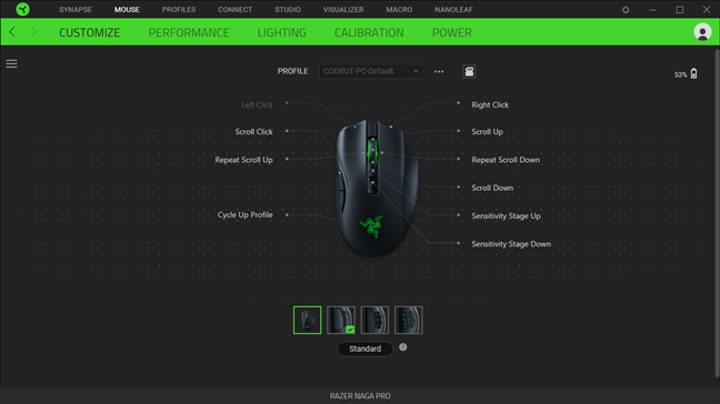 Customizing options for the Razer Naga Pro in Synapse