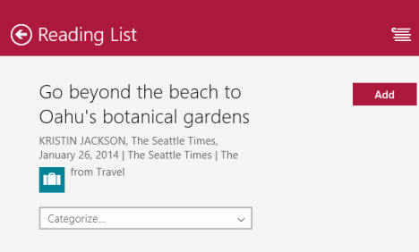 Windows 8.1, reading list, app, read later, add, content, categorize