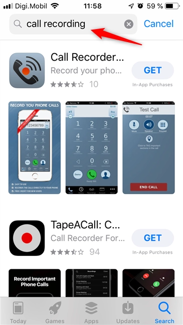 Searching the Apple App Store for apps that can record phone calls