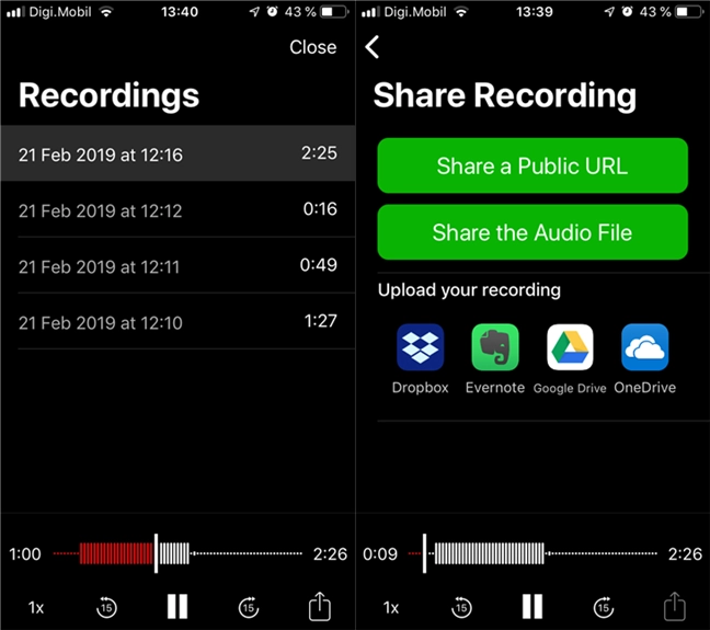 The list of recordings and sharing options available in TapeACall