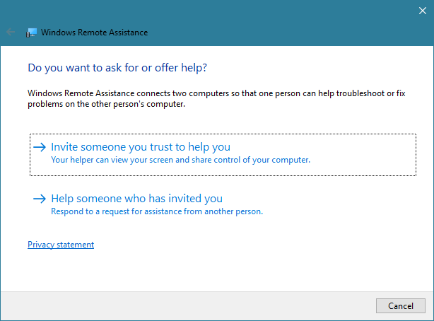 Windows Remote Assistance app in Windows 10