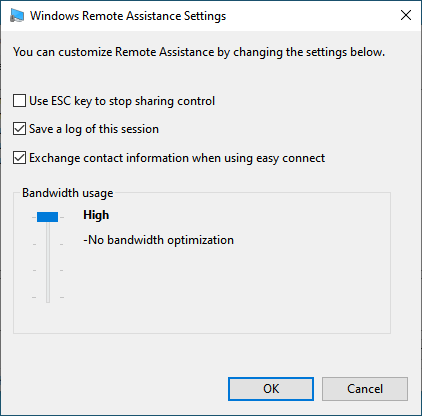 Windows Remote Assistance Settings available for the user that receives support