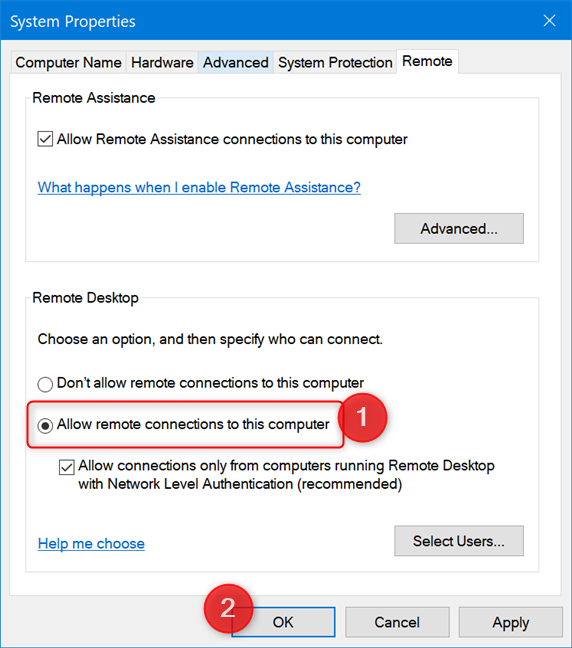 Click or tap Allow remote connections to this computer
