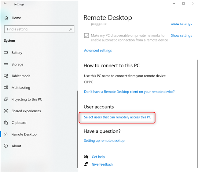 Select users who can remotely access this PC