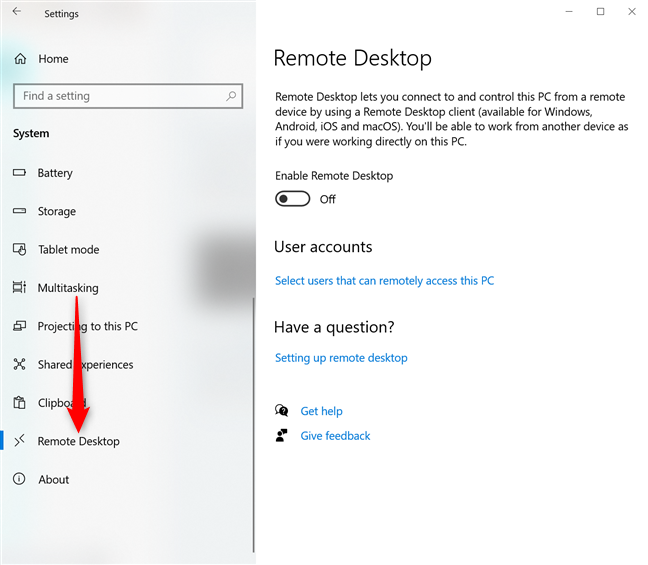 Click or tap on Remote Desktop