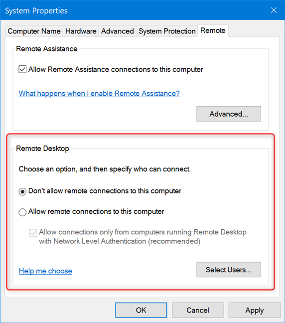 The Remote Desktop section in the System Properties window