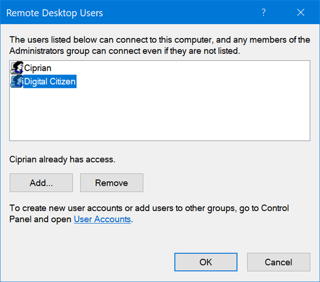 The list of users that have access to Remote Desktop