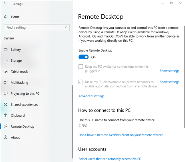 The settings shown for Remote Desktop in Windows 10