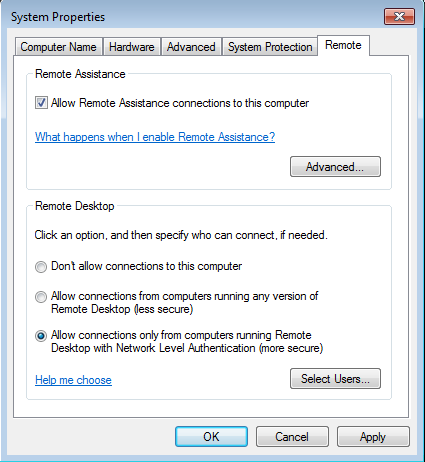 The Remote Desktop settings available in Windows 7