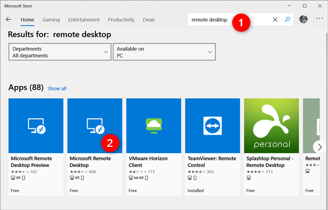 Searching for the Microsoft Remote Desktop app in Microsoft Store