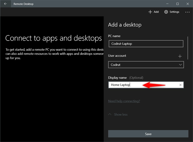 Choosing a display name for the remote desktop connection