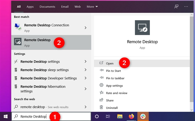 Finding the Remote Desktop app in Windows 10