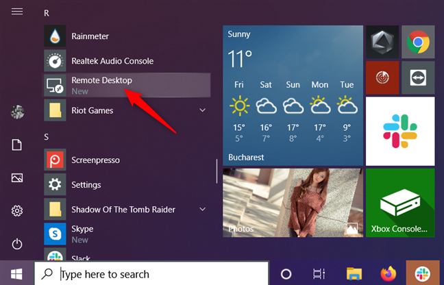 The Remote Desktop shortcut from the Windows 10 Start Menu