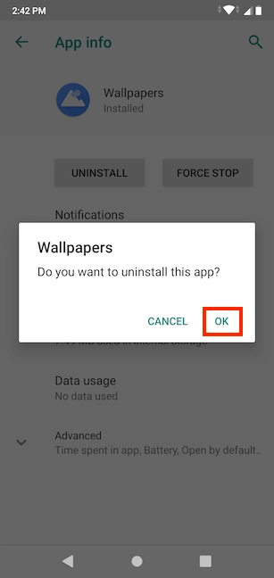 Confirm the app's removal