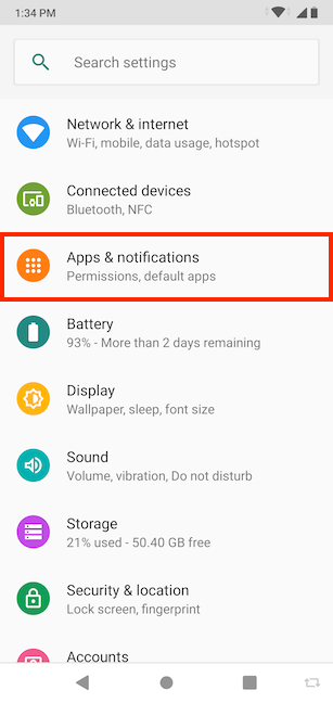 Access the Apps &amp; notifications section