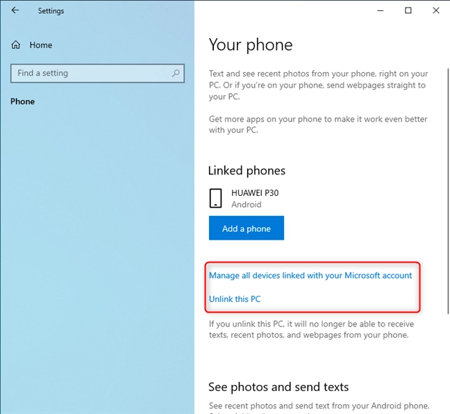 Your phone settings from Windows 10