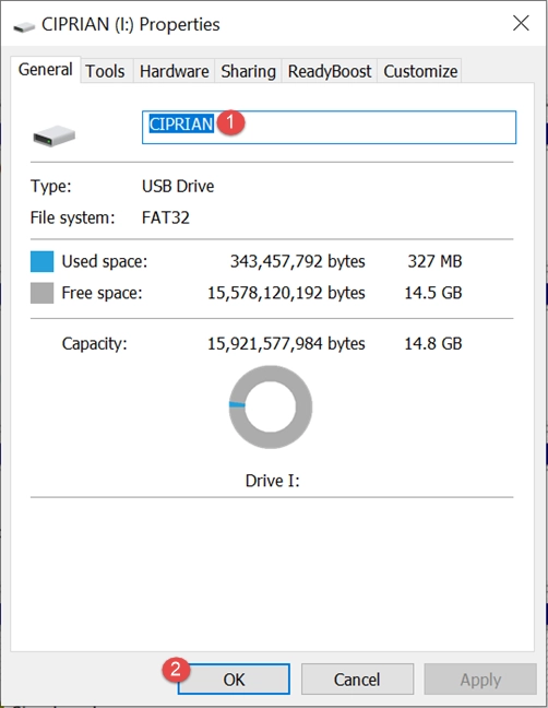 Rename a drive using its Properties window