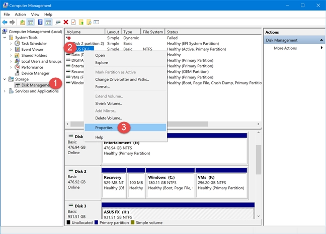 Right-click and choose Properties in Computer Management