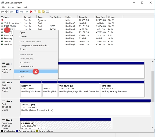Right-click and choose Properties in Disk Management