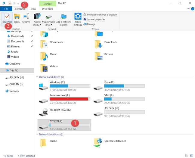 Click or tap Properties in the Computer tab from File Explorer