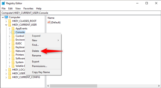 Deleting the Console key from the Windows Registry