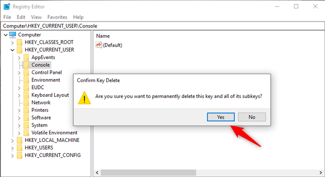 Deleting the Console key from the Windows Registry resets CMD to its default colors