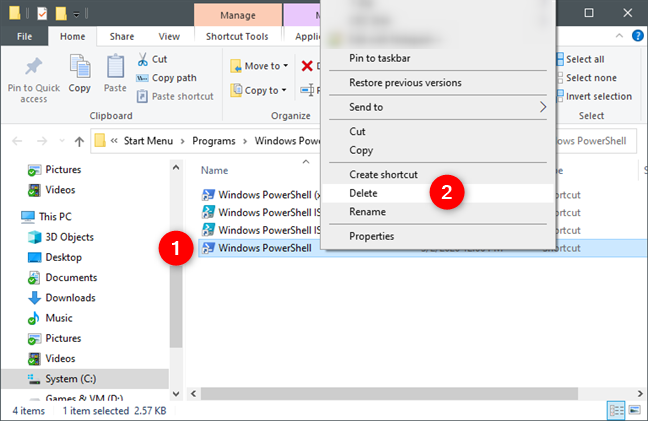 Deleting the PowerShell shortcuts