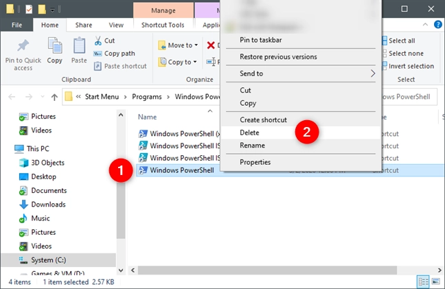 Deleting the PowerShell shortcuts