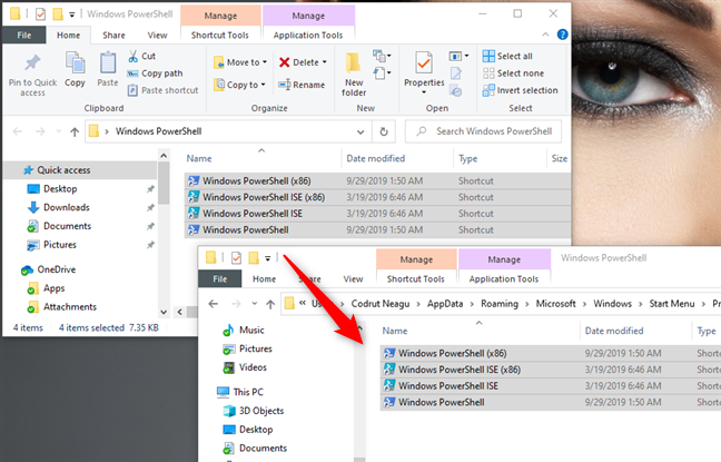 Copying the downloaded PowerShell shortcuts to your user account folder