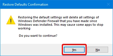 Confirm that you want to delete all settings for Windows Defender Firewall