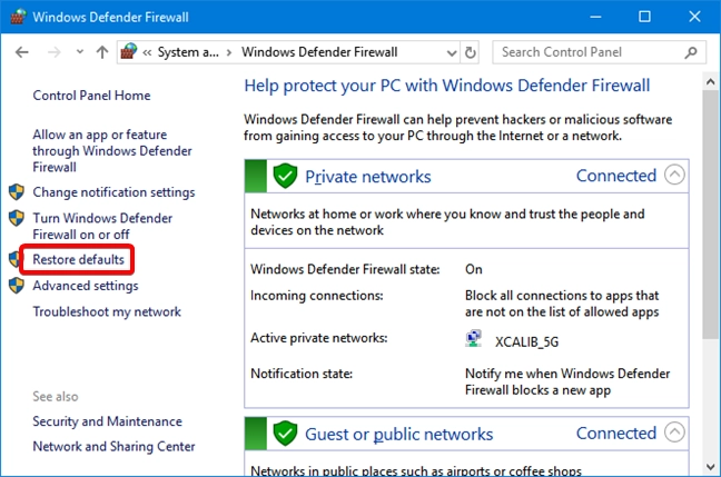 Restore defaults in Windows Defender Firewall