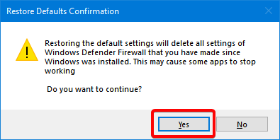 Confirm the Windows Defender Firewall reset