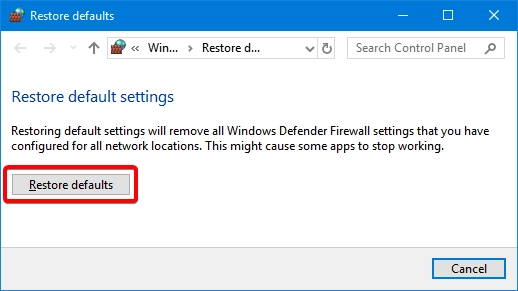 Restore defaults for the Windows Defender Firewall