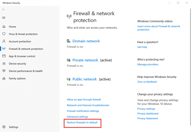 Link to Restore firewalls to default in Windows 10