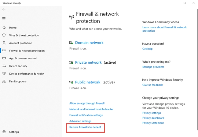 Link to Restore firewalls to default in Windows 10