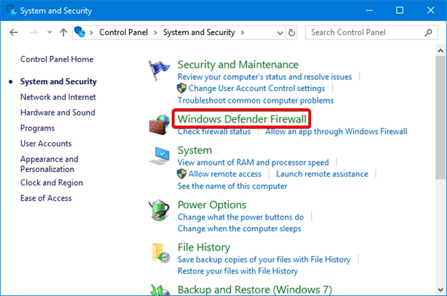 Open Windows Defender Firewall in the Control Panel