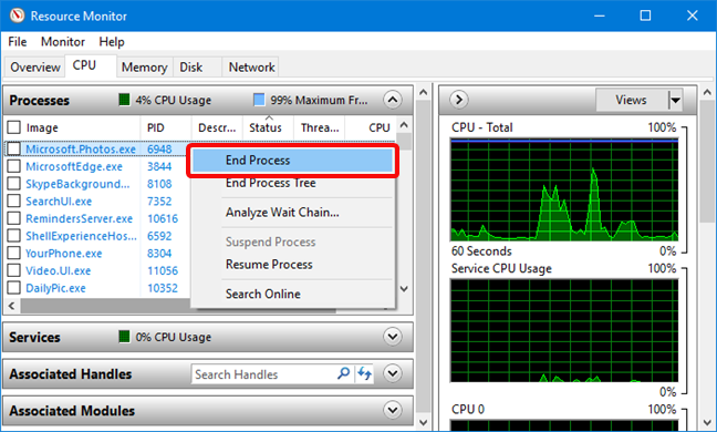 End Process in Resource Monitor