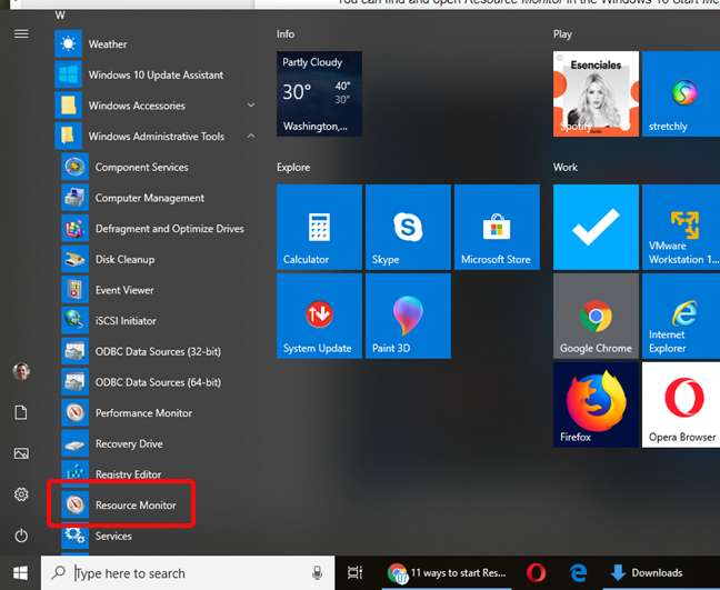 Resource Monitor in the Start Menu of Windows 10