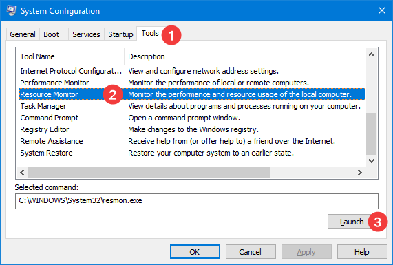 Start Resource Monitor from System Configuration