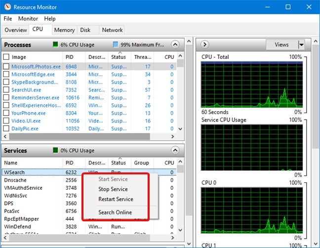 Services actions in Resource Monitor