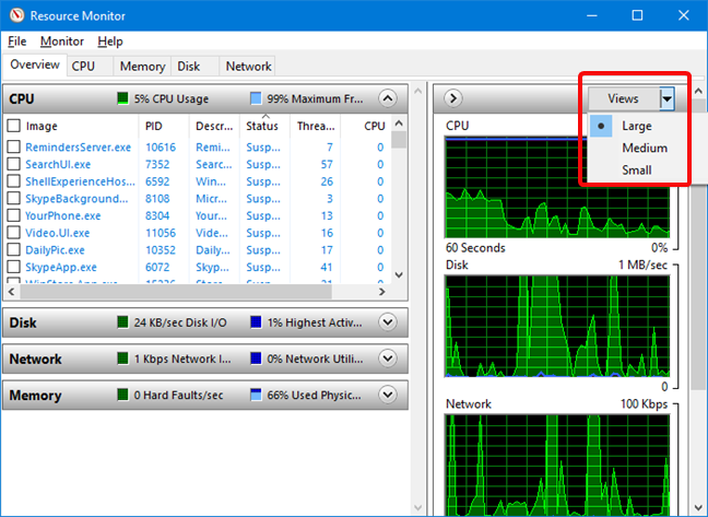 Change the Views in the Overview tab in Resource Monitor