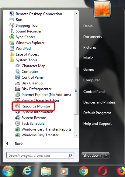 Resource Monitor in the Start Menu of Windows 7