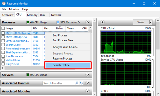 Search Online for a process in Resource Monitor