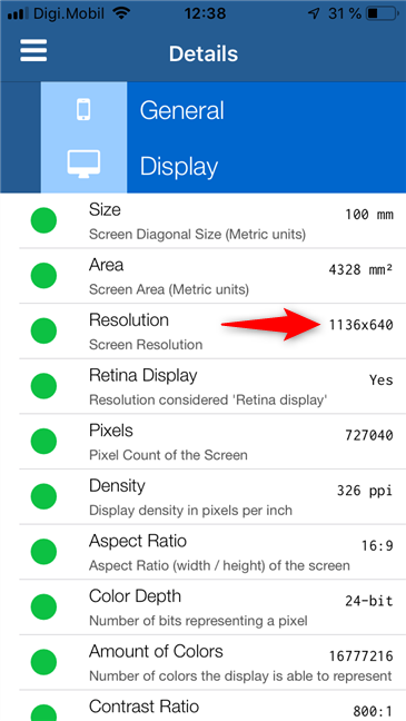 The screen resolution of an iPhone shown by Lirum Device Info Lite