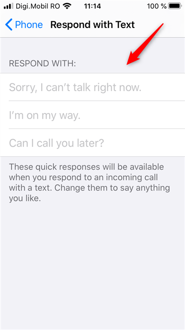 The default Respond with Text quick messages