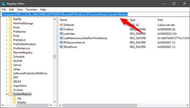 Navigate to the System Restore registry keys